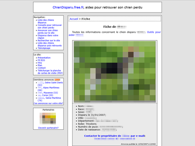 Exemple d'un avis de recherche avec tous les détails du chien