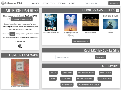 Capture d'écran de la page d'accueil du site artbook.rp84.fr