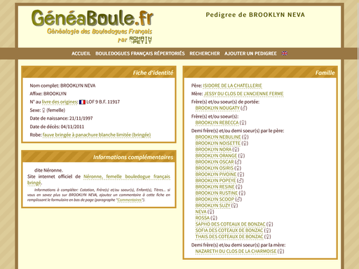 Capture d'écran de la page d'une fiche d'un chien du site www.geneaboule.fr