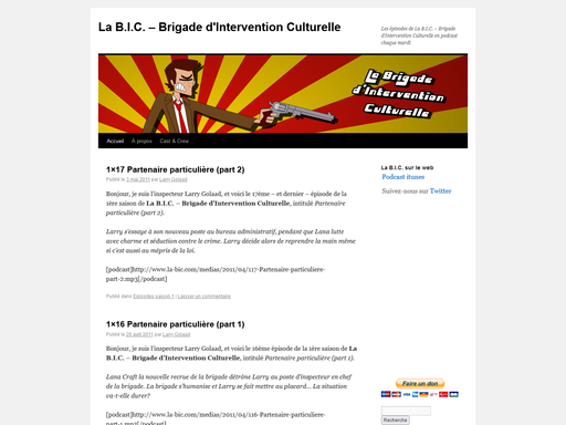 Capture d'écran de la page d'accueil du site La B.I.C. - La Brigade d'Intervention Culturelle