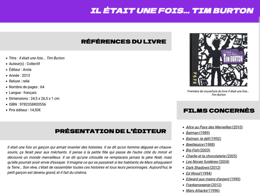 Capture d'écran d'une page d'un livre du site timburton.rp84.fr