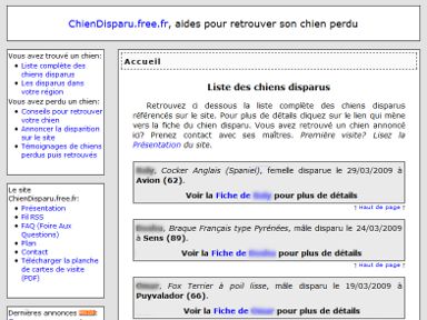 Capture d'écran de la page d'accueil du site Chien Disparu